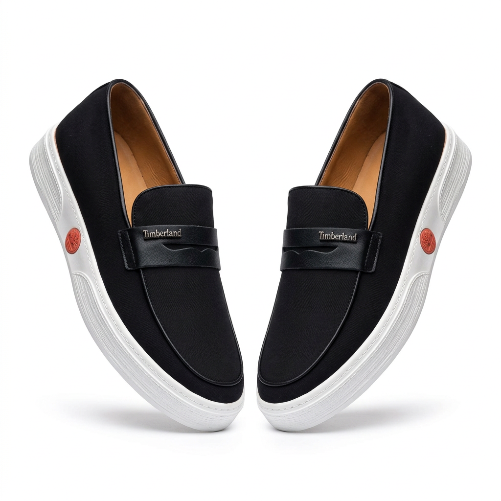 Pair of black apron-toe loafers with textured white soles and red side accents