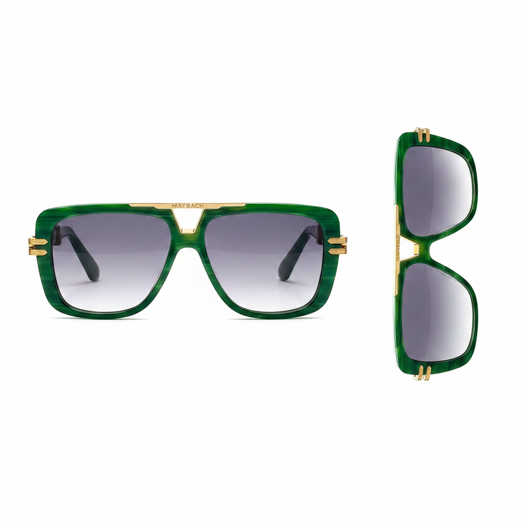 Unisex oversized square flat-top sunglasses green marble acetate frame gradient grey purple lens gold bar bridge and temple hardware – front and side view