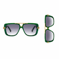 Unisex oversized square flat-top sunglasses green marble acetate frame gradient grey purple lens gold bar bridge and temple hardware – front and side view