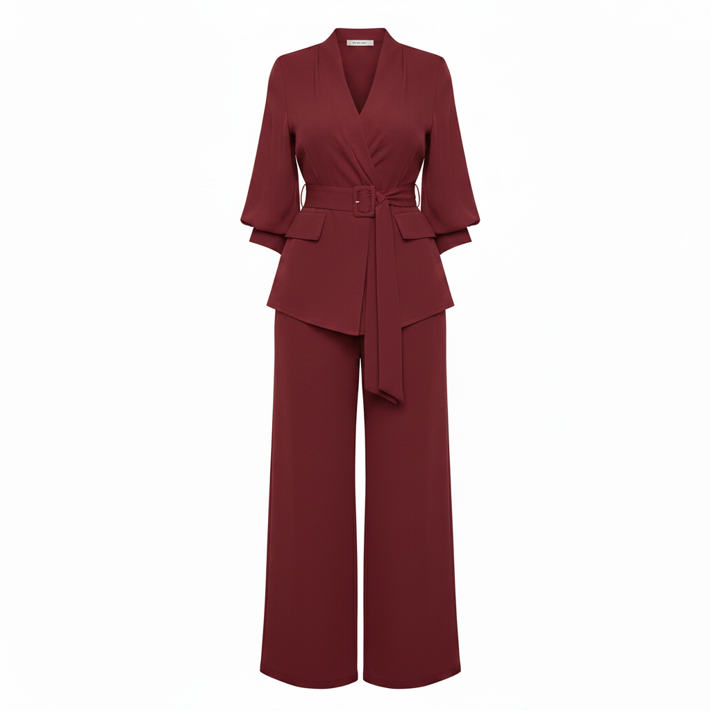 Women's burgundy shirt and wide-leg trouser co-ord set – ghost mannequin view