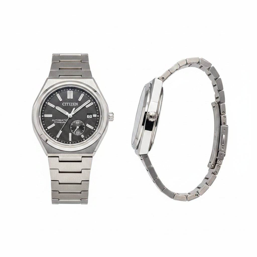 Charcoal grey dial automatic titanium watch front and side ghost mannequin view