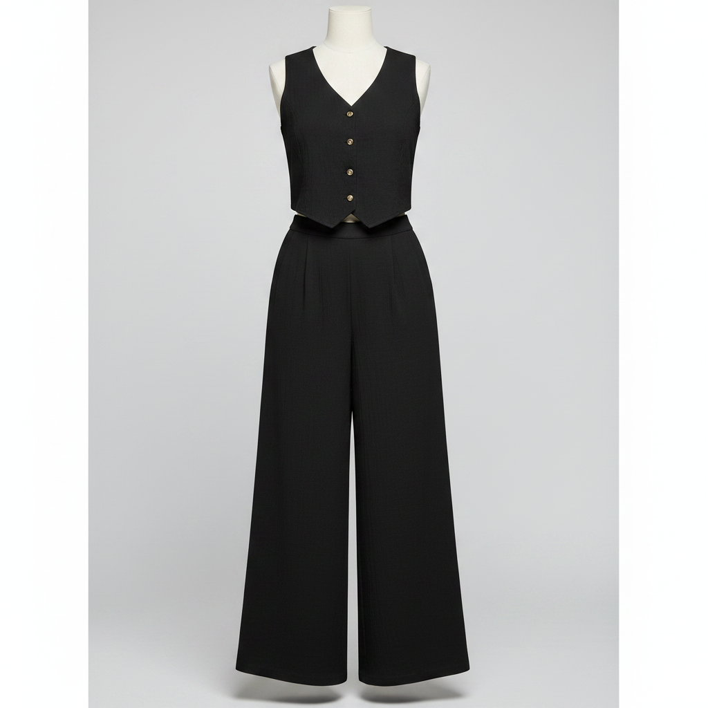 Ghost mannequin black linen vest and wide-leg palazzo co-ord set