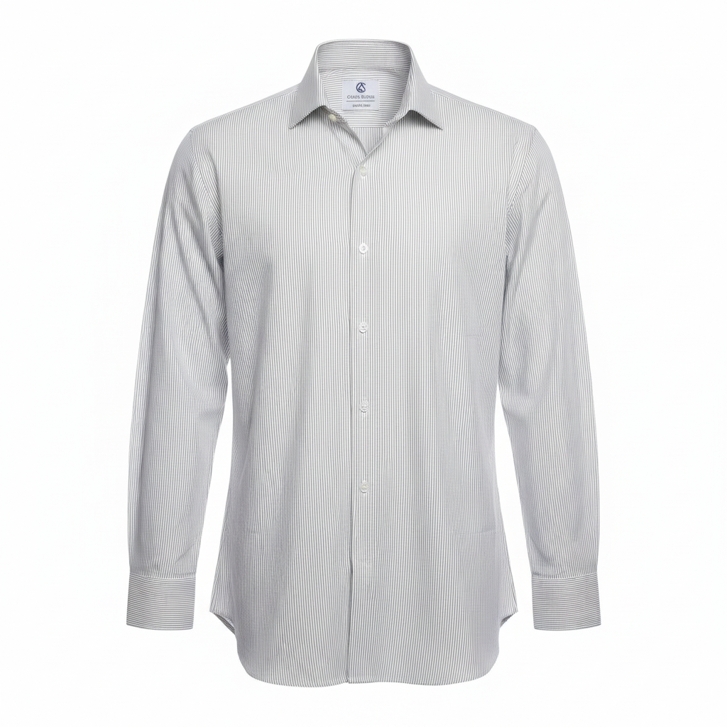 White grey pinstripe long-sleeved shirt ghost mannequin front view