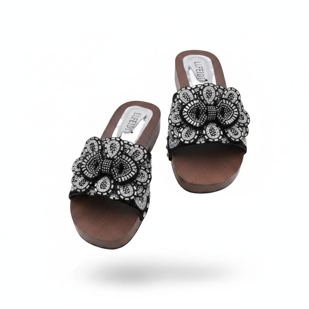 Women's Floral Beaded Slide Slipper - Silver Colourway Ghost Mannequin