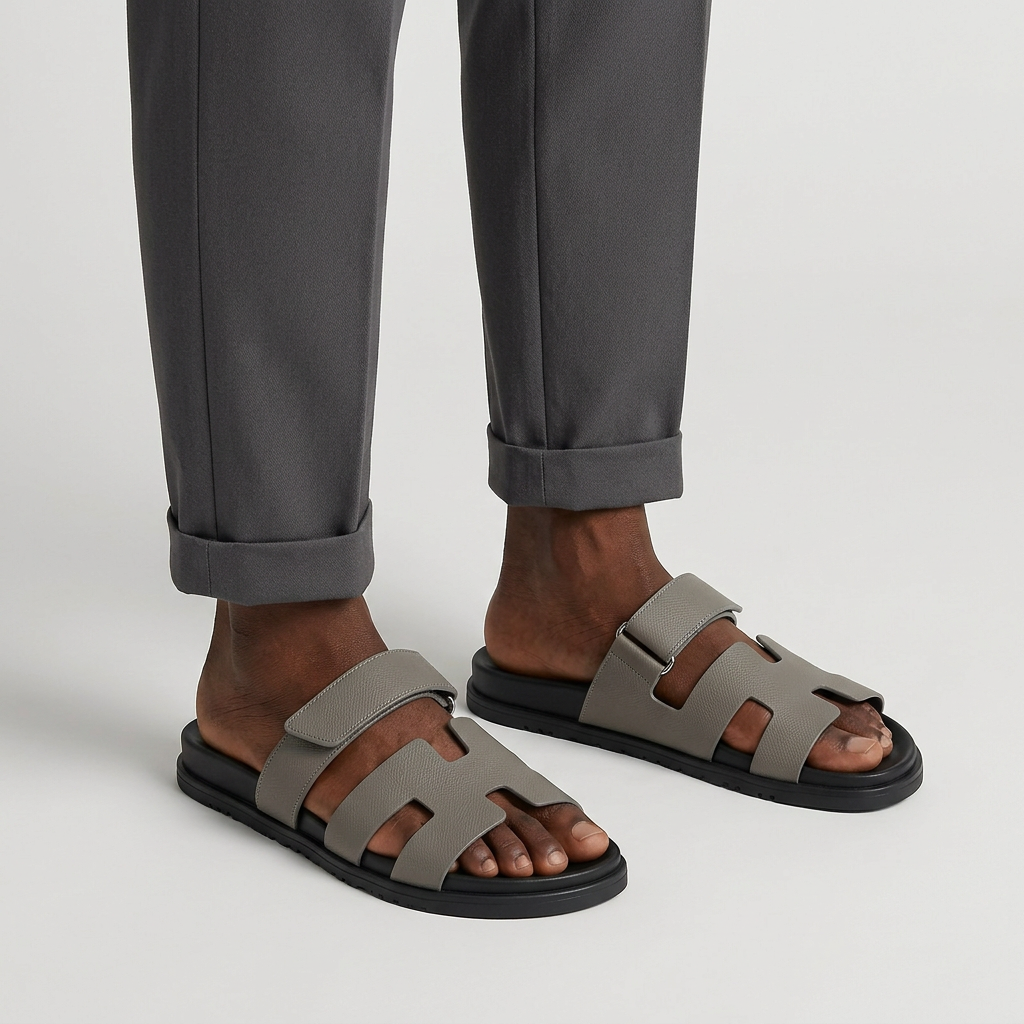 Both feet of Nigerian man wearing grey cutout-strap slides