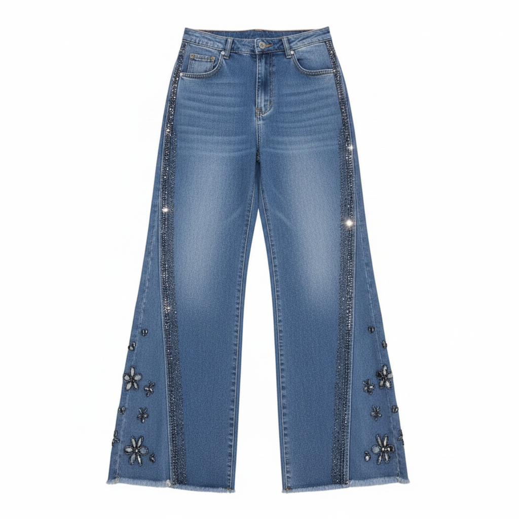 Women's Blue Rhinestone Trim Floral Appliqué Wide-Leg Jeans - Ghost Mannequin