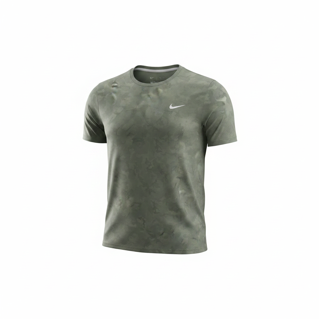 Men's olive green tonal camo print athletic tee – ghost mannequin front view