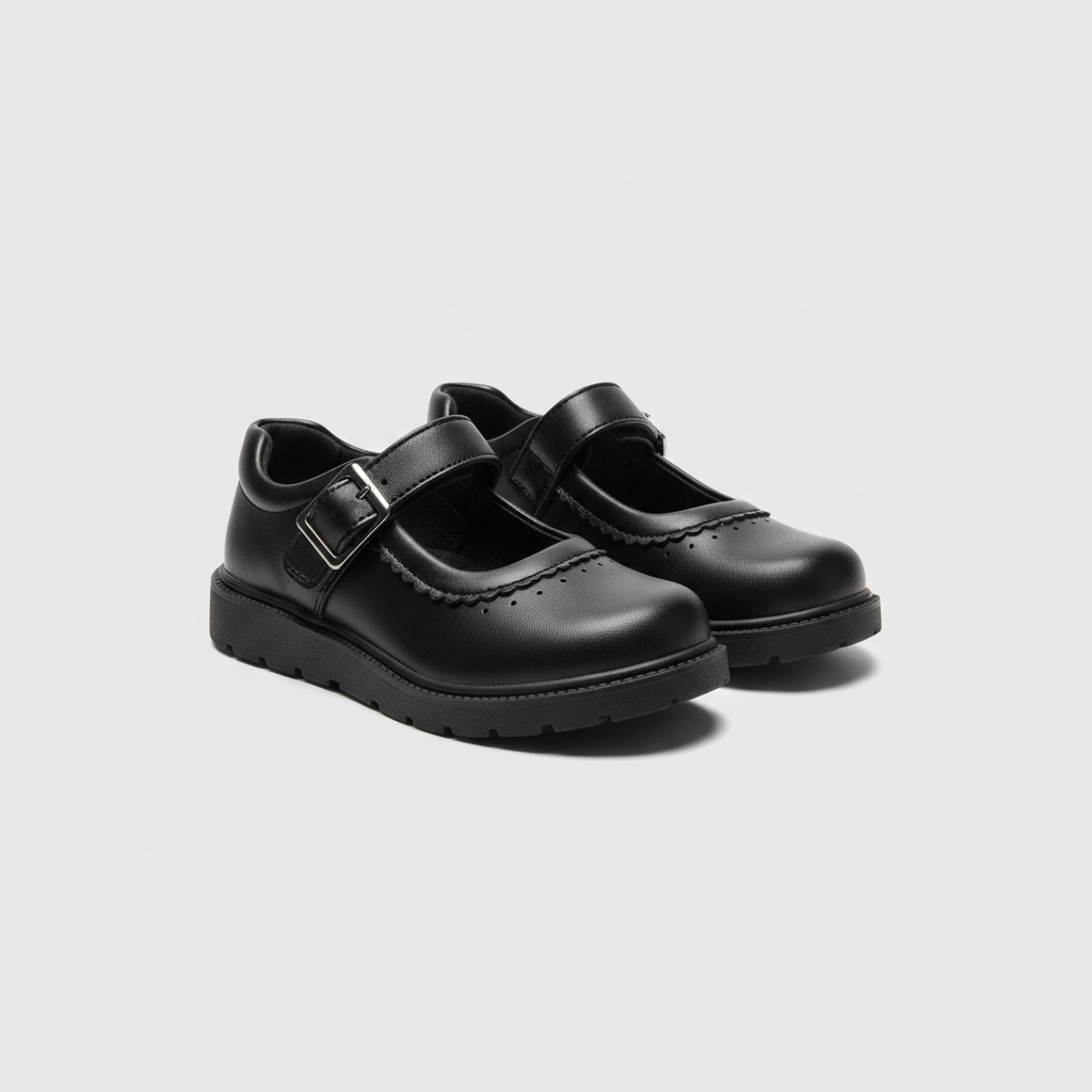 Black kids' school shoes with buckle strap, pair catalog shot on light background