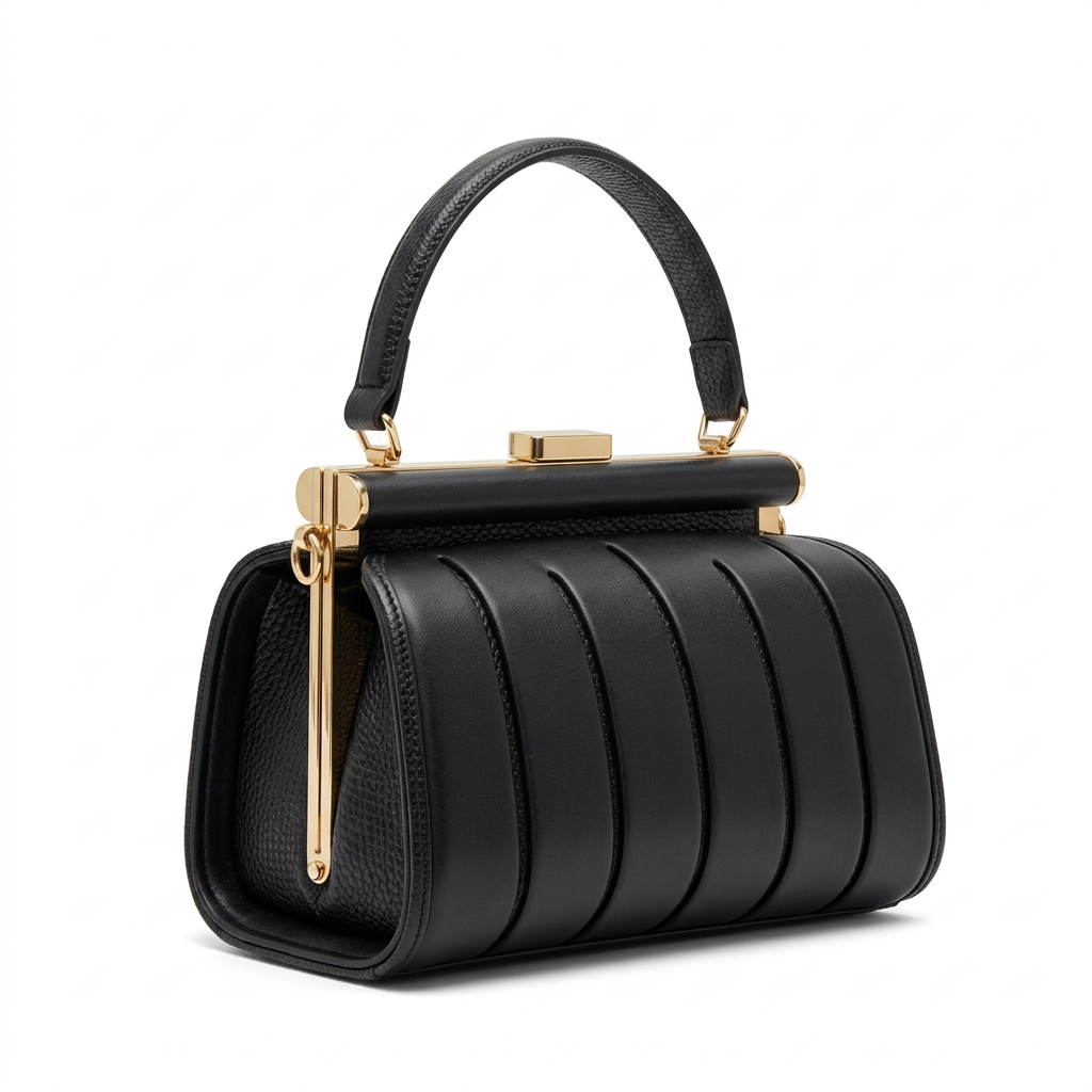 Black panelled frame top-handle handbag with gold-tone hardware on white