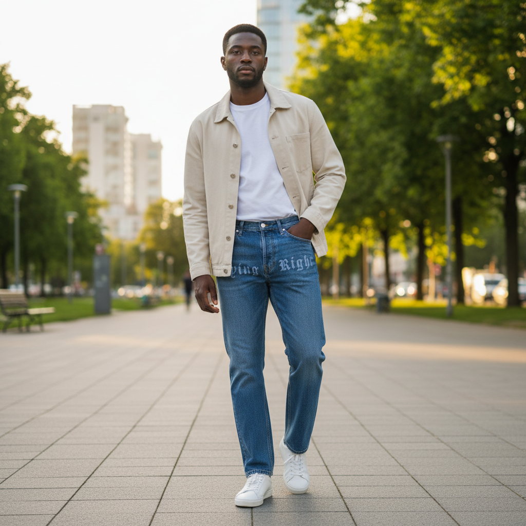 Nigerian model wearing Medium Blue Washed Straight-Leg Saying Right Gothic Script Embroidered Jeans