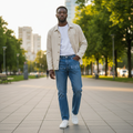 Nigerian model wearing Medium Blue Washed Straight-Leg Saying Right Gothic Script Embroidered Jeans