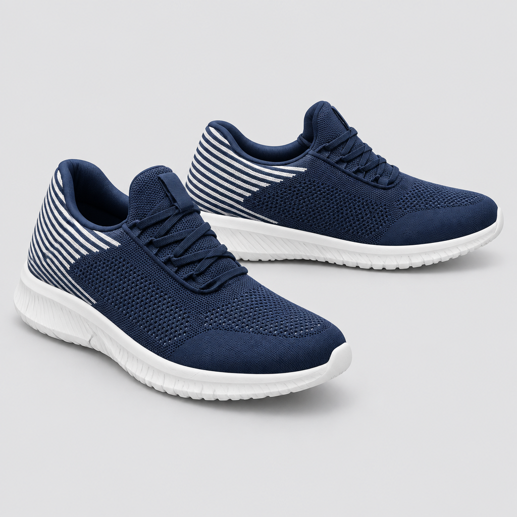 Men's navy knit sneakers with white striped heel, front and side view
