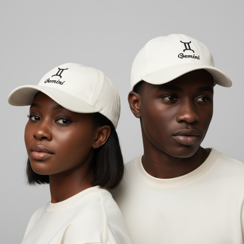 Nigerian female and male models wearing cream off-white dad cap with black Gemini zodiac embroidery