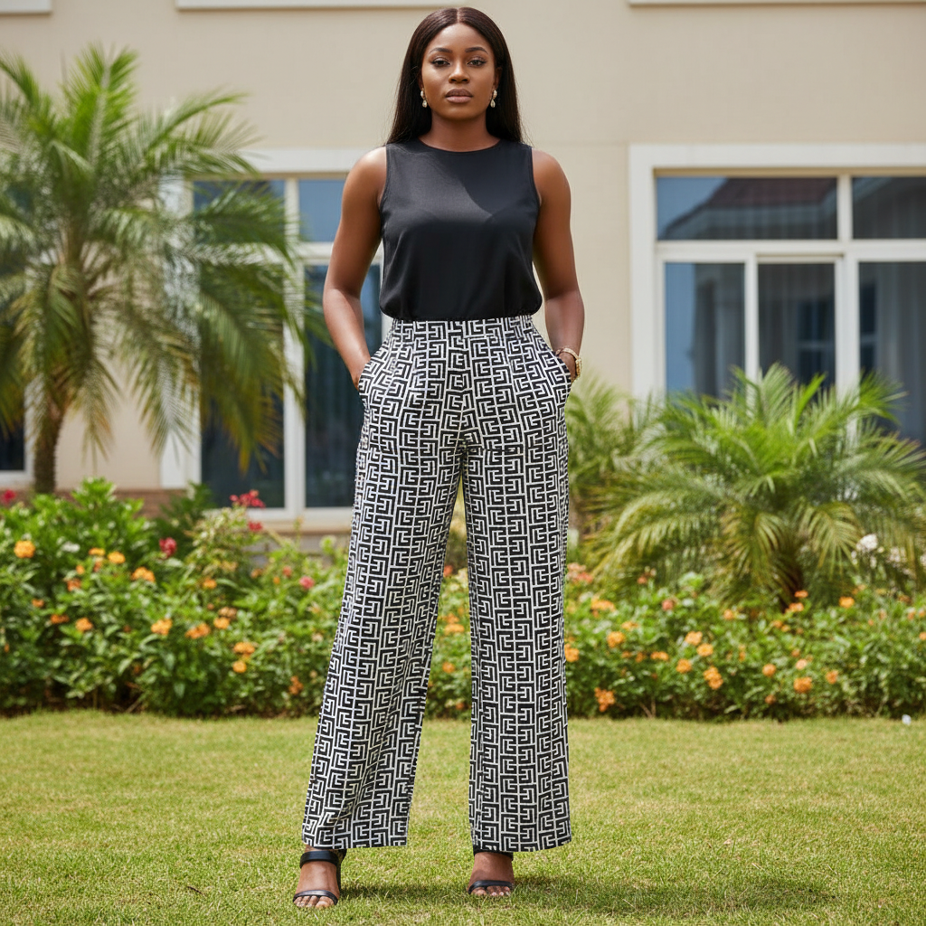 Model shot — Women's Black & White Geometric Print Wide-Leg Trousers