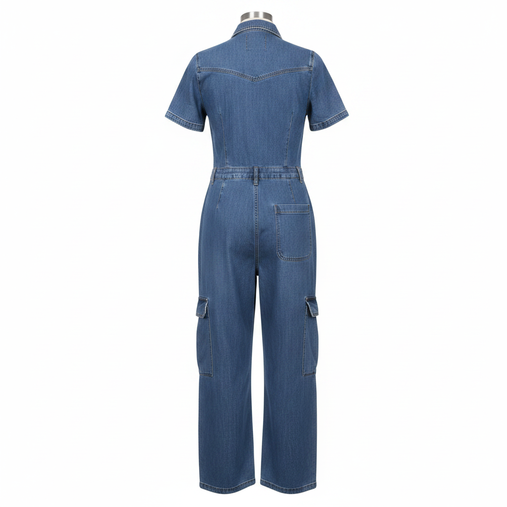 Blue Denim Cargo Jumpsuit - Ghost Mannequin Back