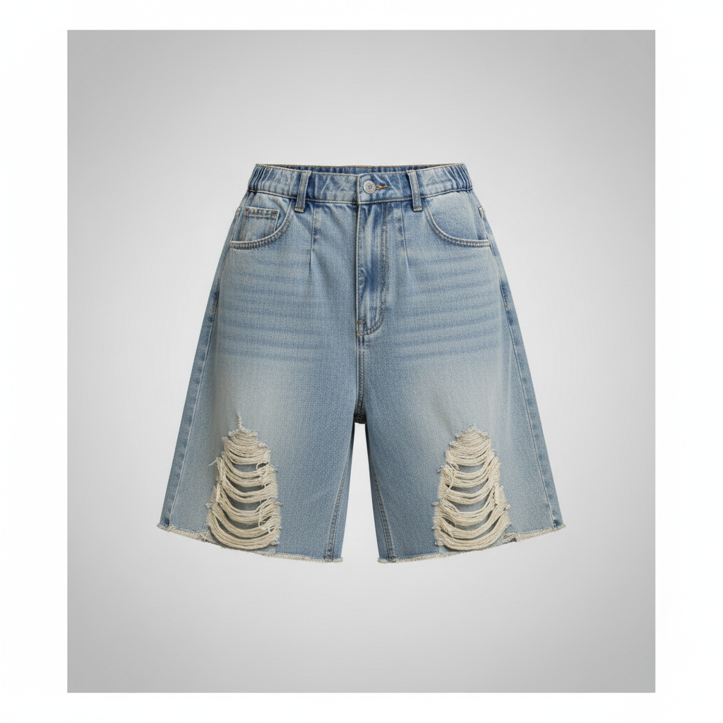 Ghost mannequin distressed light wash denim shorts