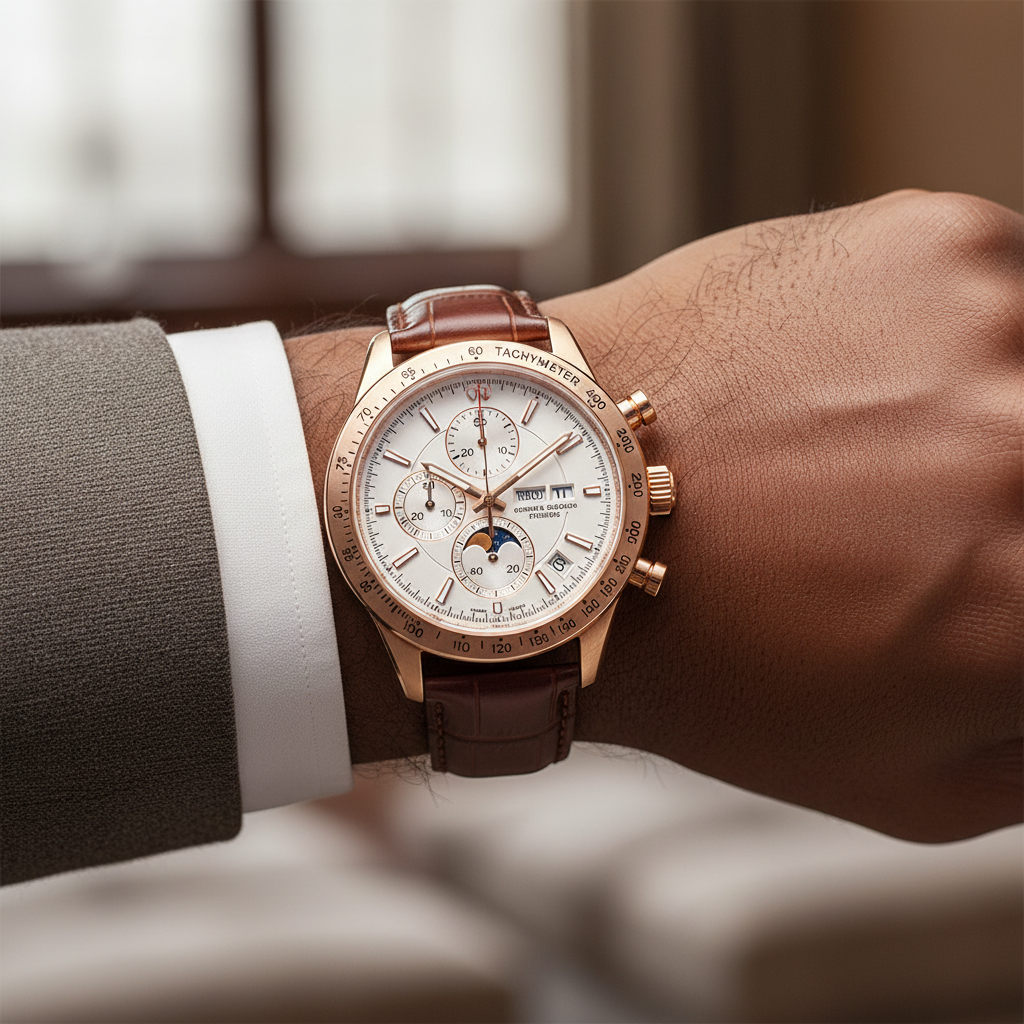 Men's rose gold chronograph moon phase watch worn on Nigerian male model wrist — brown leather strap lifestyle wrist shot