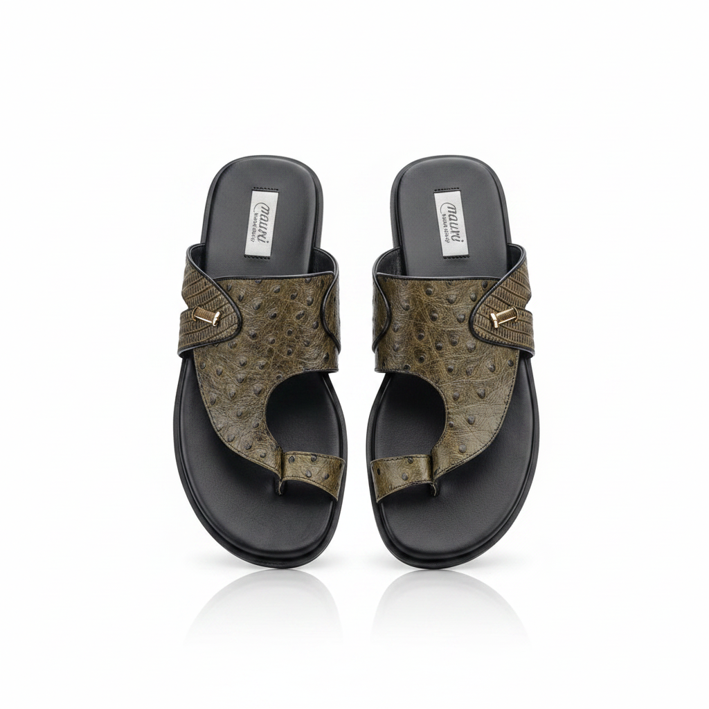 Men's olive green ostrich woven leather thong slide sandals ghost mannequin pair view