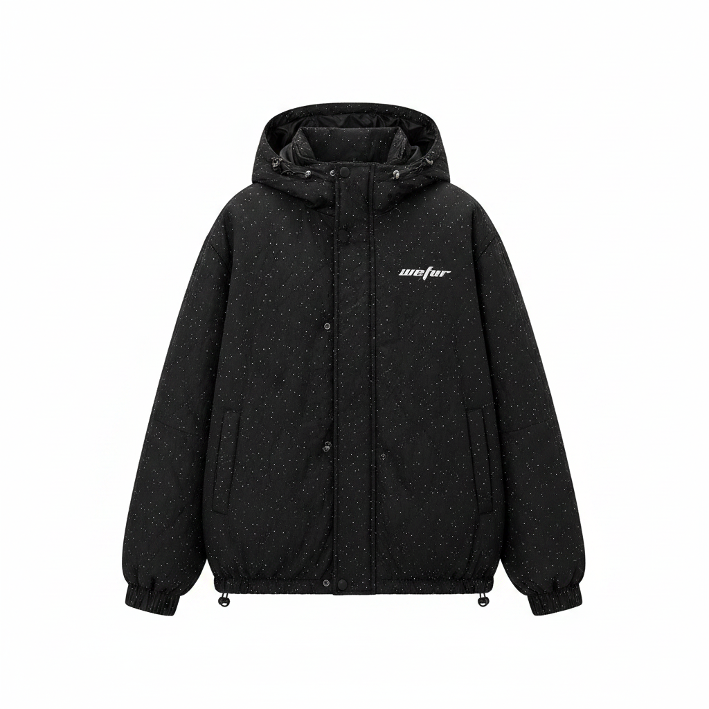 Men's Black Sparkle Texture Oversized Hooded Jacket – Ghost Mannequin Front View