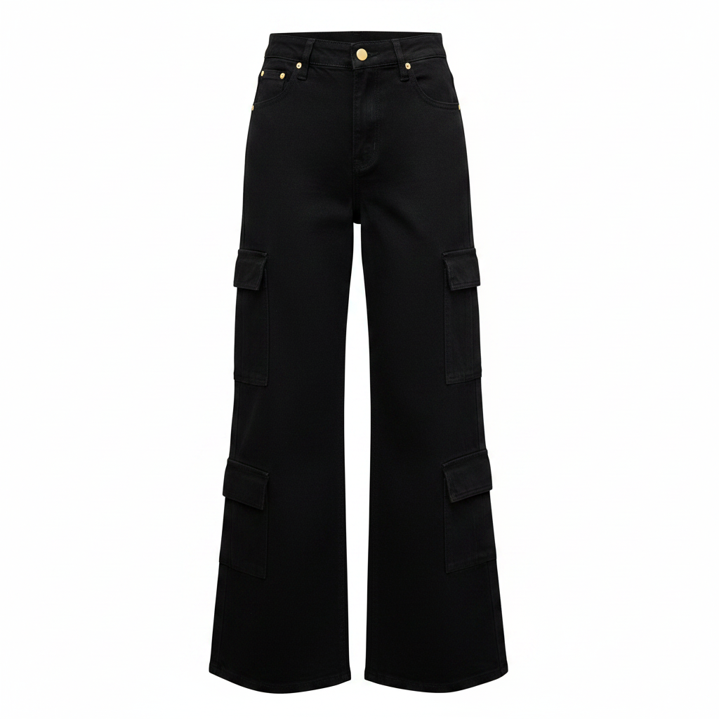 Black Wide-Leg Cargo Jeans - Ghost Mannequin Front