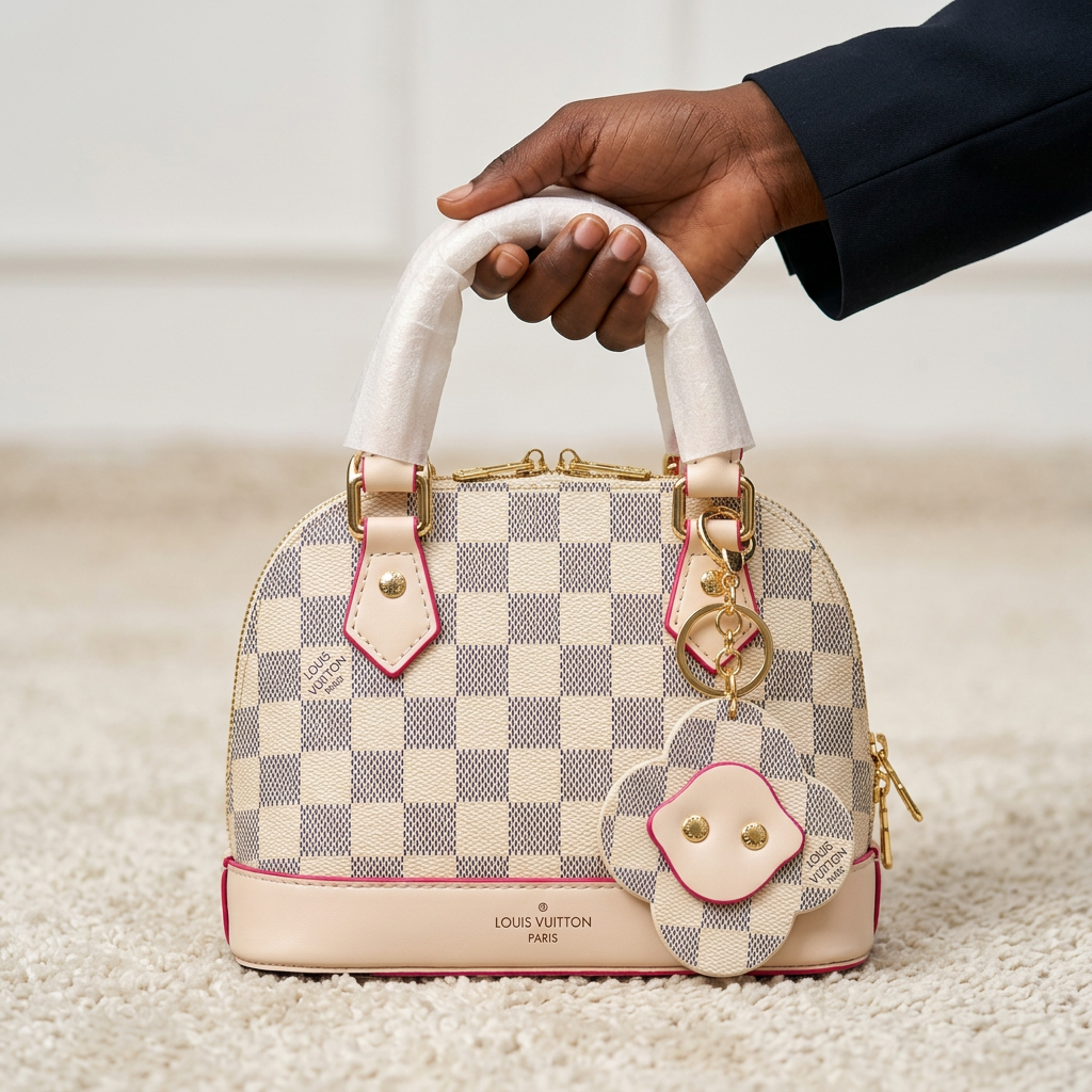 AI-generated hand-focused view of a cream and grey checkerboard handbag with flower pouch
