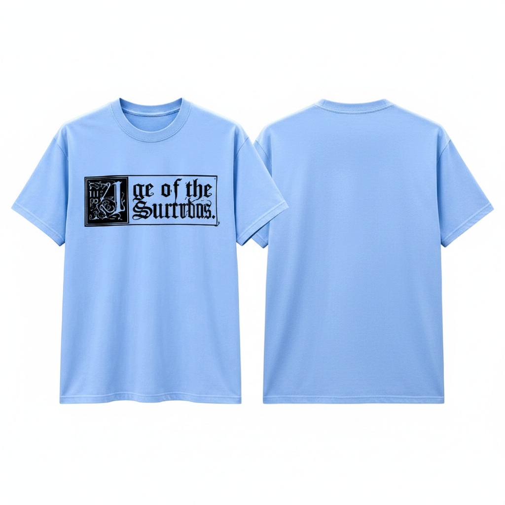 Men's sky blue short-sleeve gothic text box graphic tee ghost mannequin front and back view
