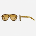 Unisex oversized aviator sunglasses translucent honey gold engraved acetate frame solid amber lens gold bar bridge temple hardware – front and side view