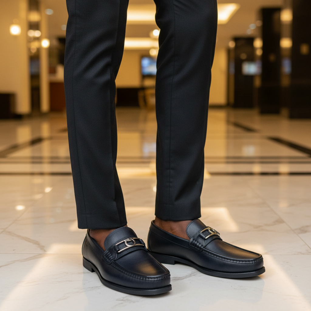 Nigerian male model wearing navy blue Gancini hardware perforated strap loafers, tight zoomed-in Italian luxury leg focus lifestyle shot
