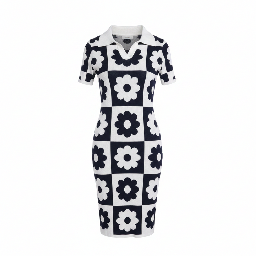 Ghost mannequin front view of navy and white daisy checkerboard knit midi dress