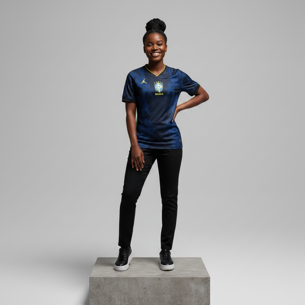 Nigerian female model wearing navy blue lightning graphic away football jersey on concrete plinth
