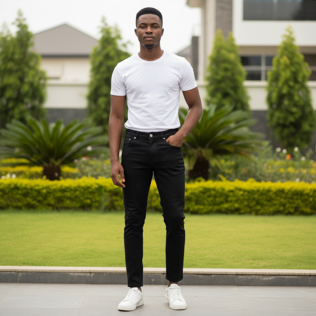 Nigerian male model wearing solid black slim straight denim jeans