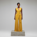 Mustard Rhinestone-Trim Wrap Jumpsuit – Model Shot