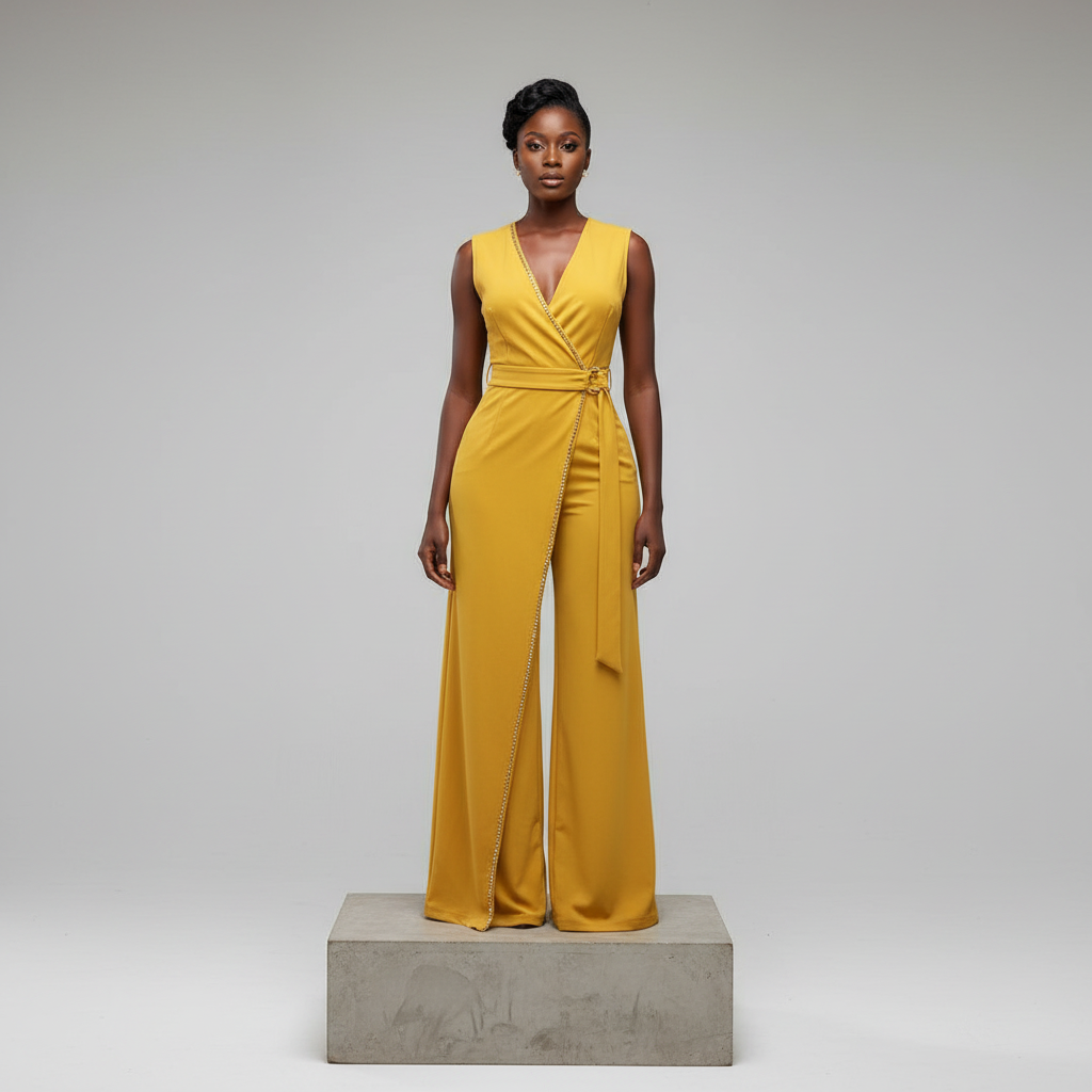 Mustard Rhinestone-Trim Wrap Jumpsuit – Model Shot