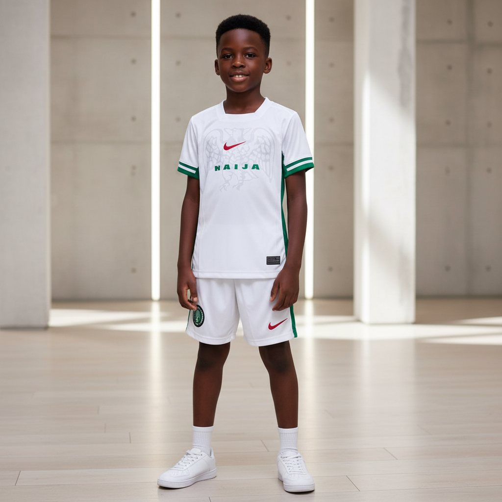 Black Nigerian child wearing the white and green unisex Naija football jersey and shorts set