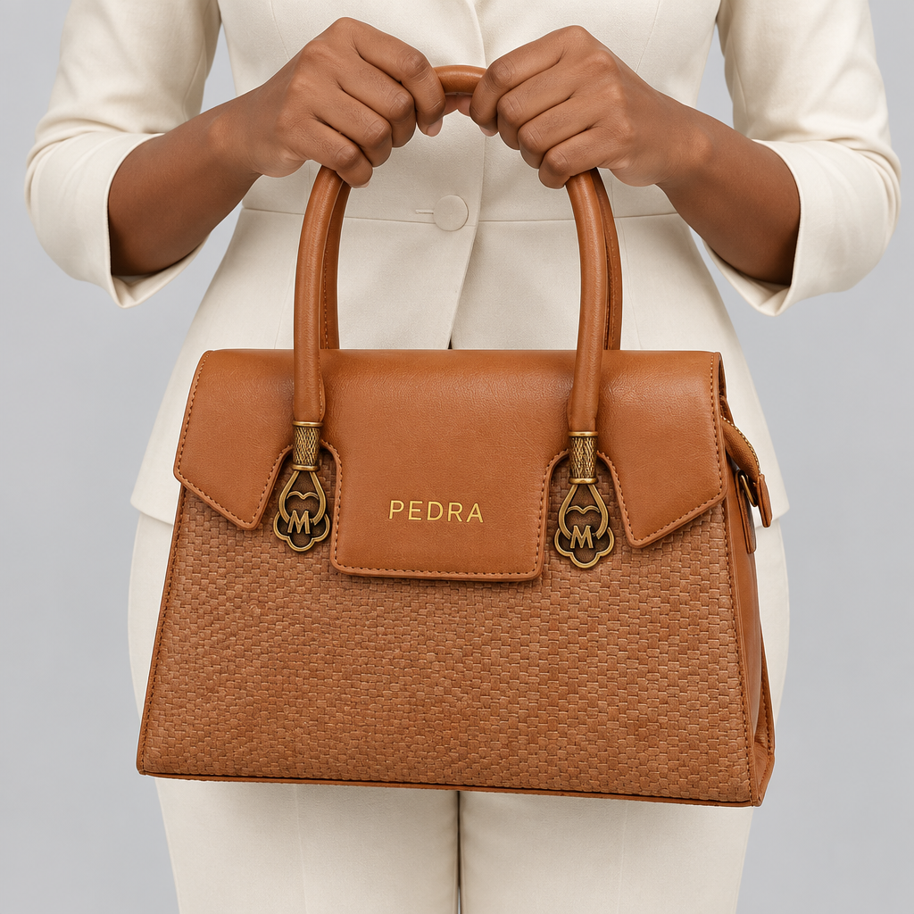 Tan brown textured handbag held by a model