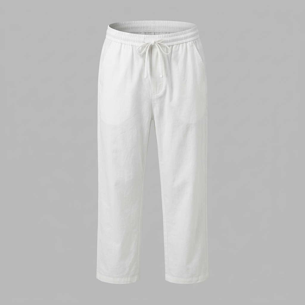 White drawstring straight-leg trousers, ghost mannequin front view