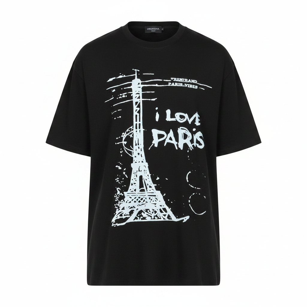 Unisex black Paris sketch graphic tee – ghost mannequin front view