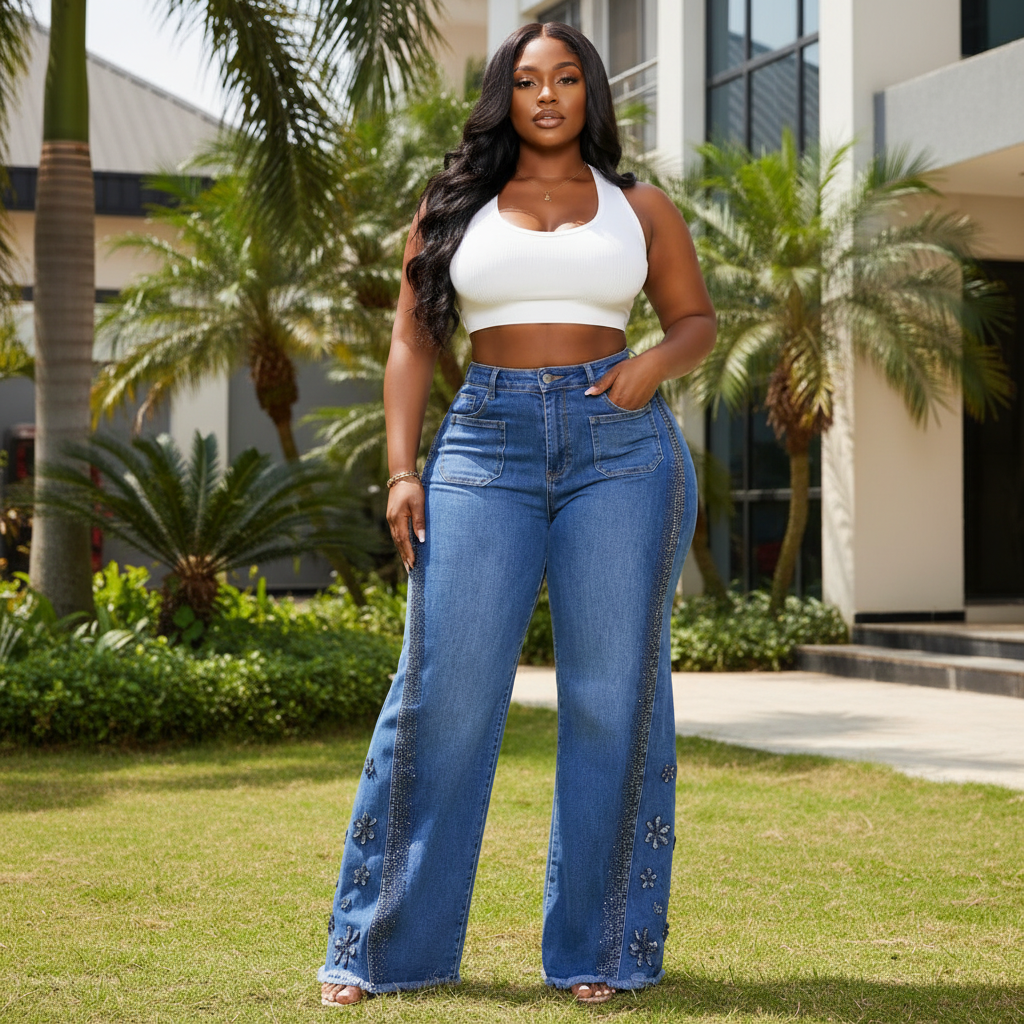 Women's rhinestone floral side-seam high-waist flare blue jeans – generated model front view