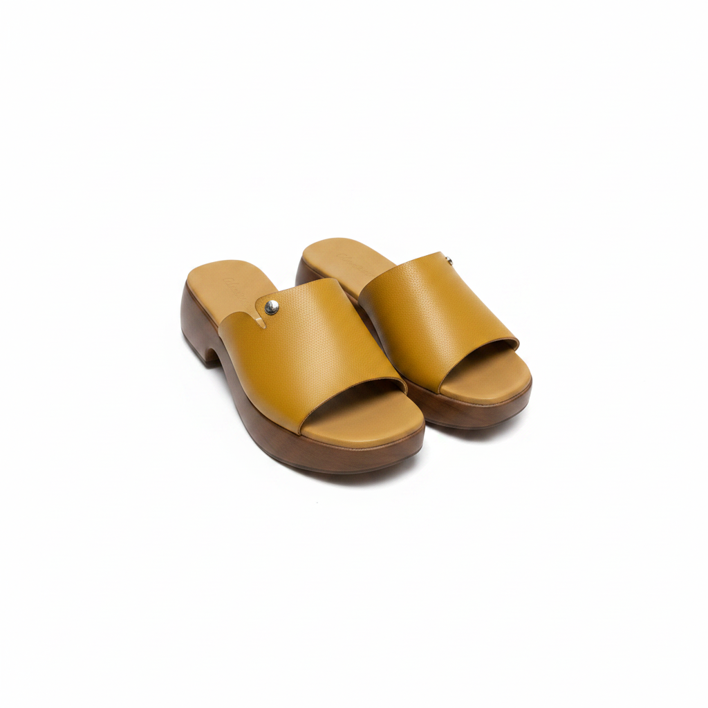 Ghost mannequin pair view of yellow mustard leather chunky platform clog slide mules