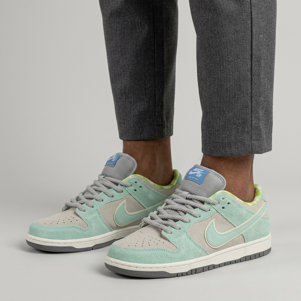 Men's mint and grey rope-lace sneakers worn ankle-down in a light-grey studio
