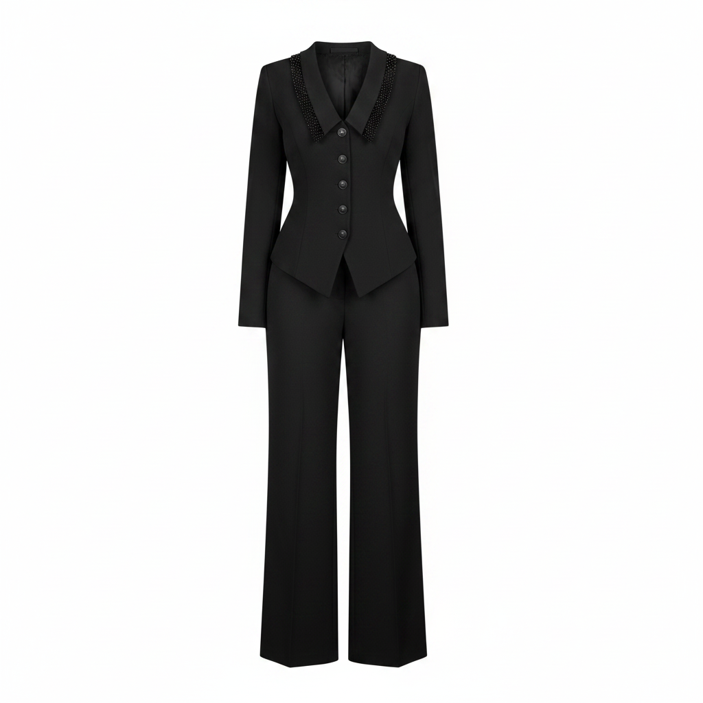 Women's black beaded lapel blazer and wide-leg trouser suit set ghost mannequin — front view on white background