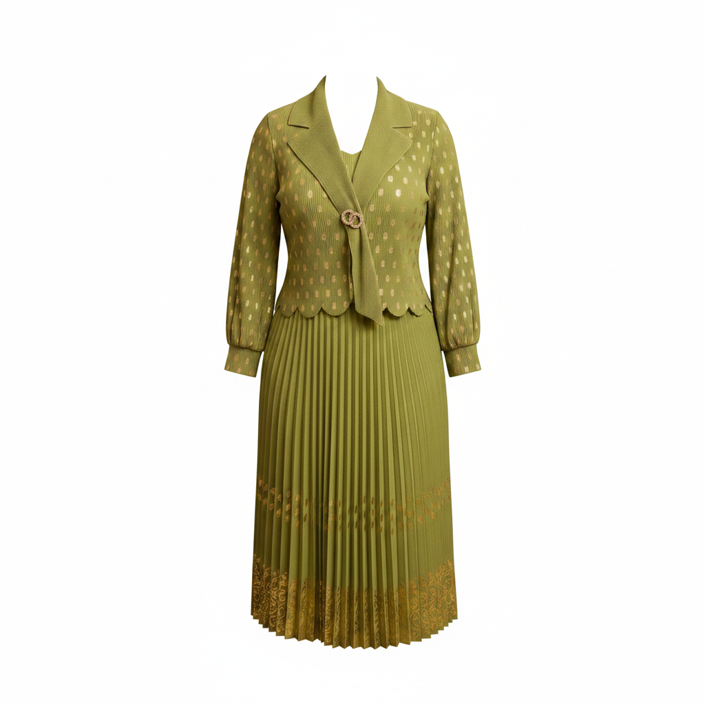 Olive Green Gold Jacquard Blazer Pleated Midi Skirt Set – Ghost Mannequin