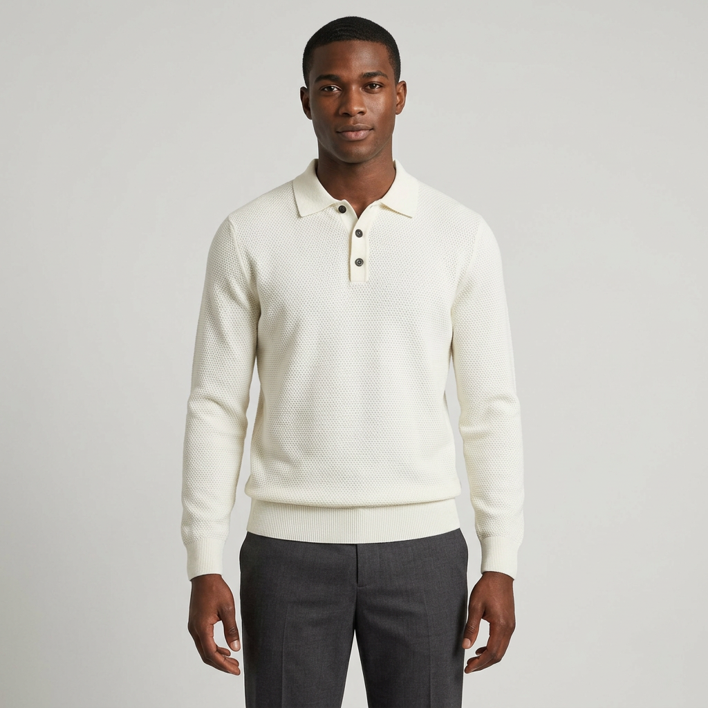 Nigerian man wearing ivory textured long-sleeve knit polo