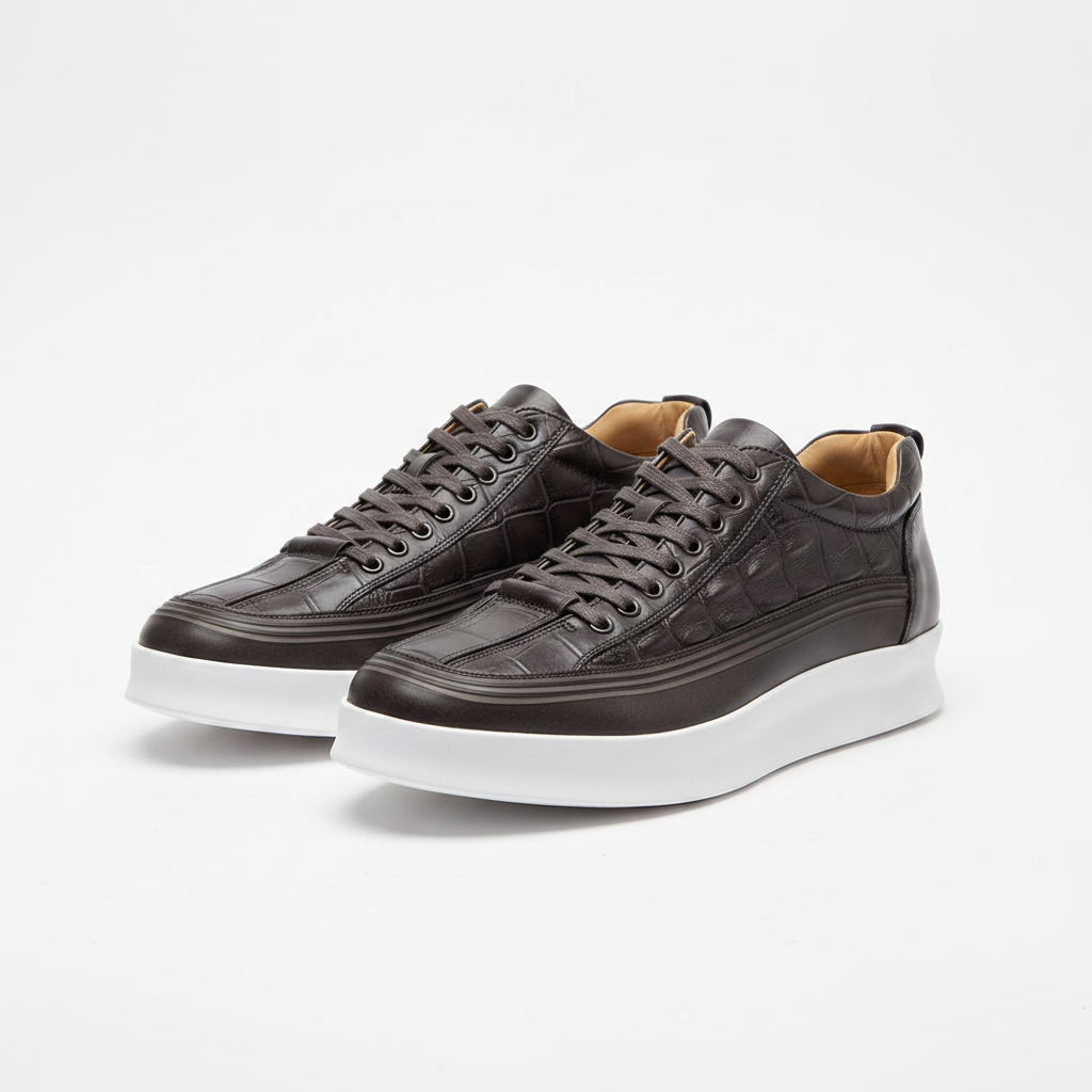 Men's dark grey croc-embossed leather lace-up low-top sneakers pair product shot