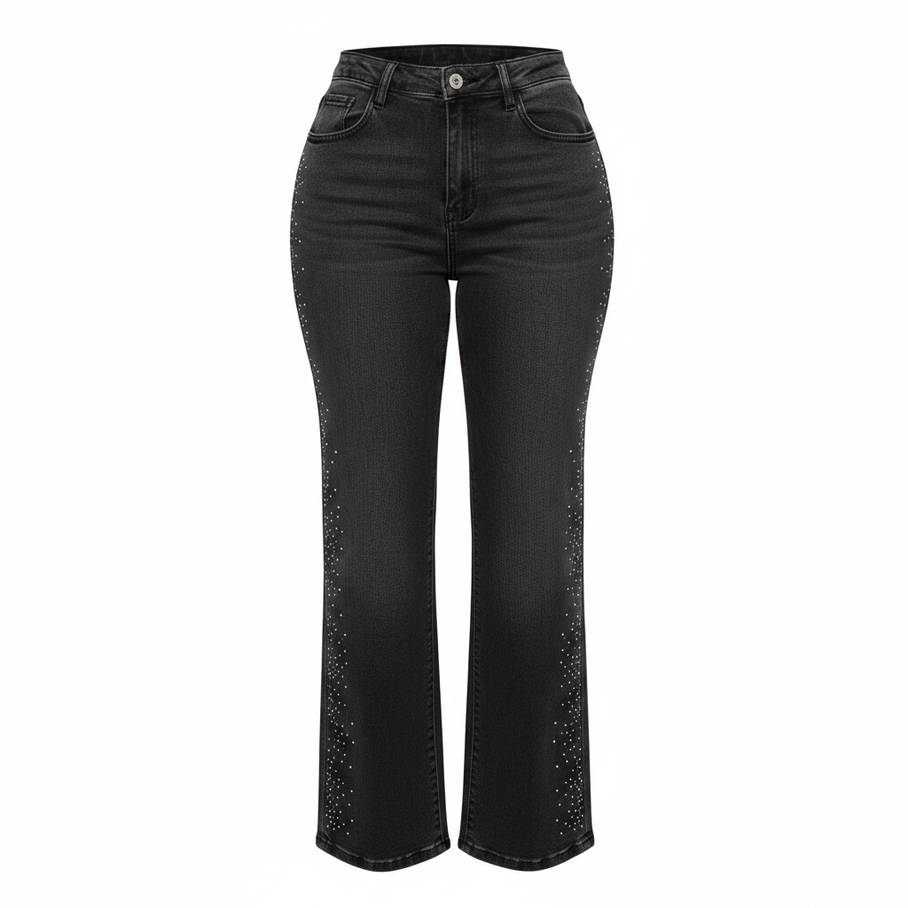 Women's dark wash high-waist wide leg rhinestone jeans ghost mannequin view on white background