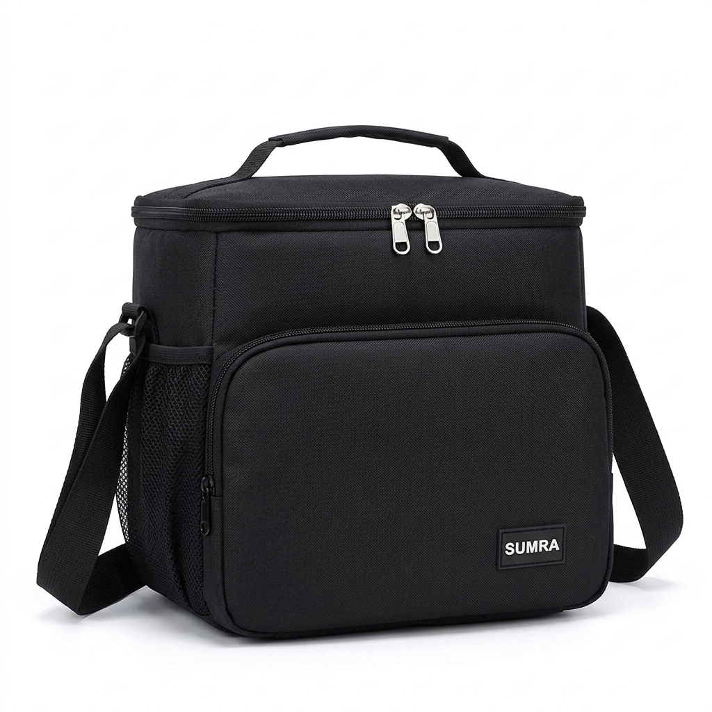 Black lunch bag on white