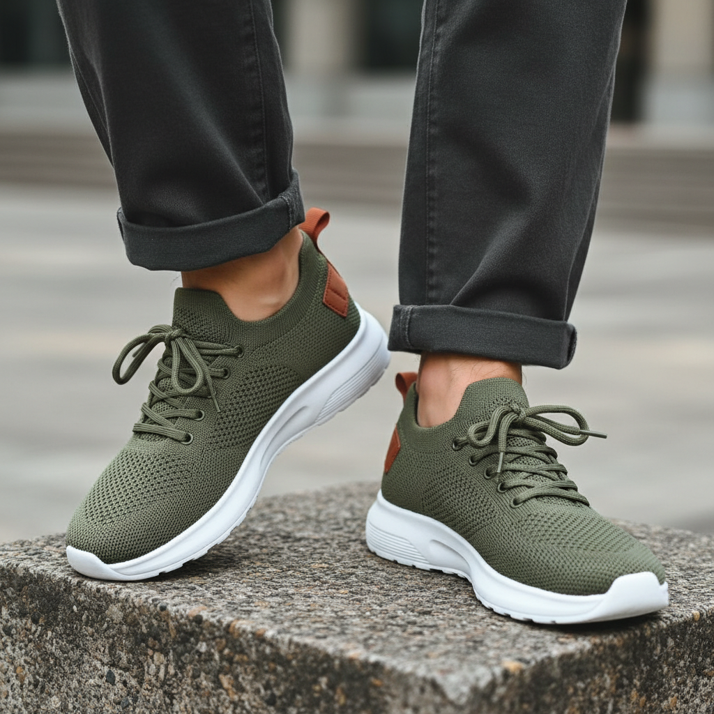 Model wearing olive green knit mesh lace-up running sneakers leg shot