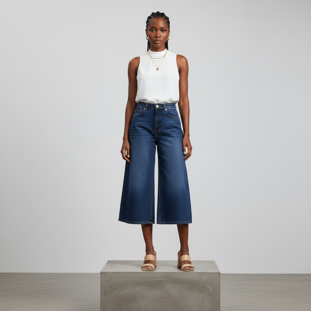 Dark Blue Wide-Leg Denim Culottes - Model Front