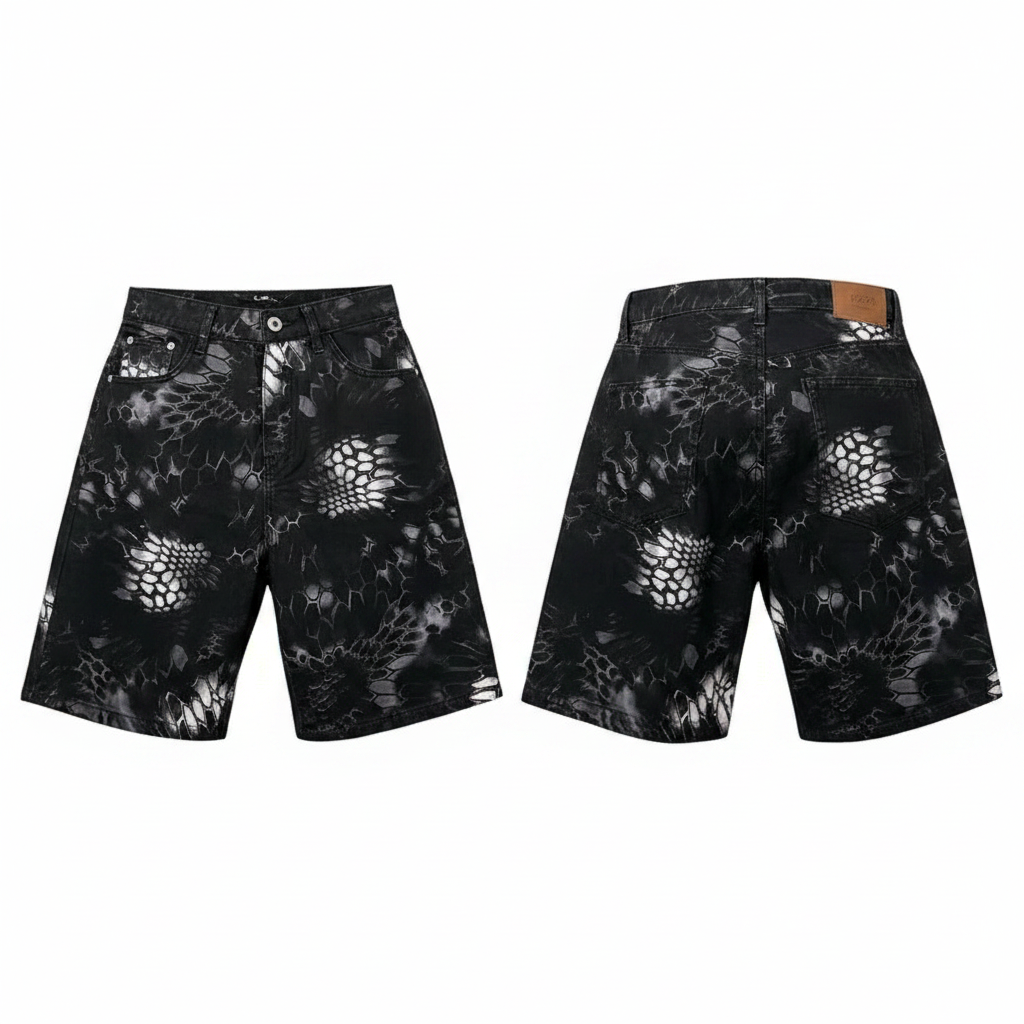 Men's black python scale print denim shorts ghost mannequin front and back view