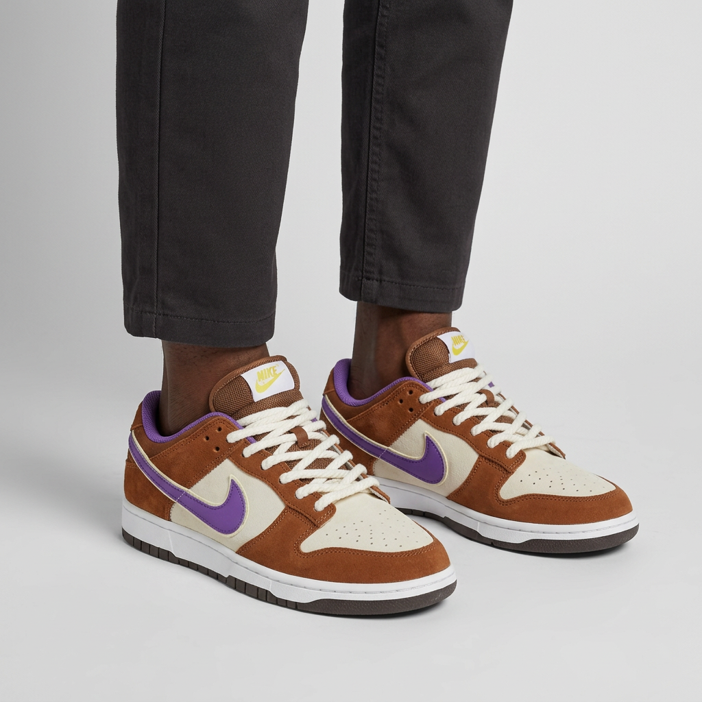 Men's brown cream and purple rope-lace sneakers worn ankle-down against a light-grey studio background
